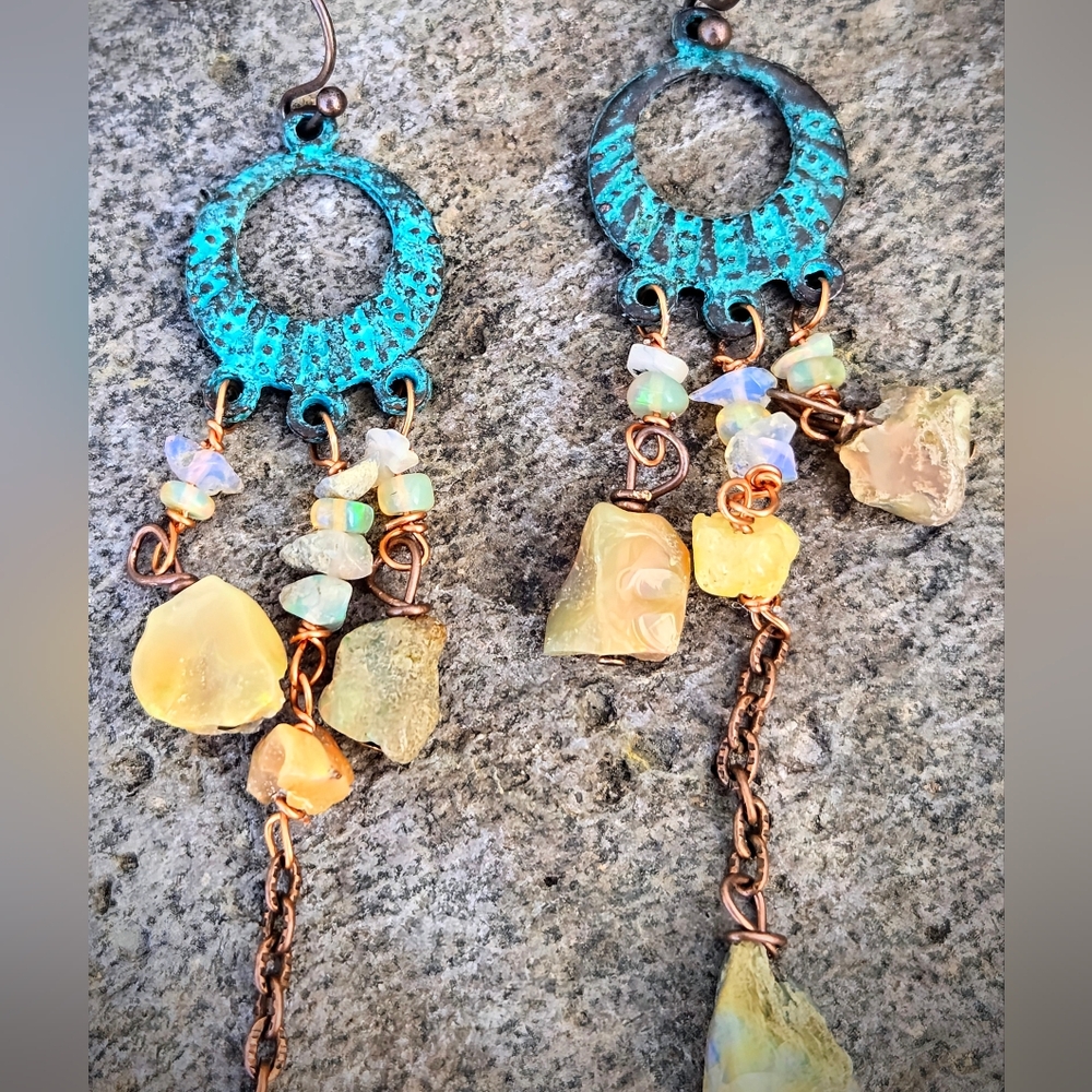 Spellbinding Ethiopian Welo Yellow Opal In Verdigris Blue Patina Copper Earrings - Picture 3 of 9